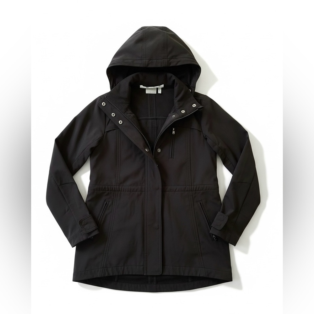 Athleta XS Shelter Cove Softshell‎ Hooded Parka Jacket Black Snap Storm Flap - Picture 2 of 10